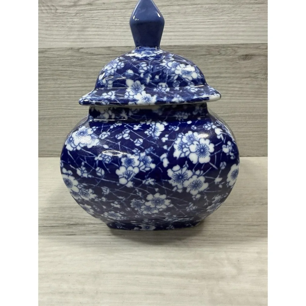 Victoria Ware Style Blue White Chinoiserie Temple Jar Cherry Blossom Lid 8.5